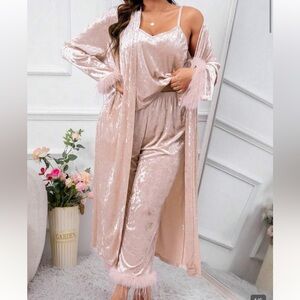 3 Piece Pink Velvet Sleepwear Set